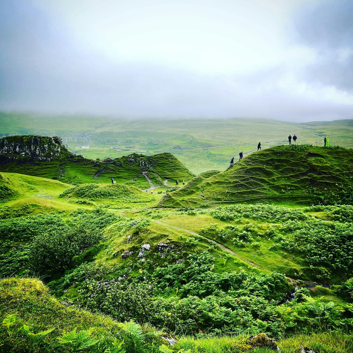 Green landscape with people on a hill under a cloudy sky