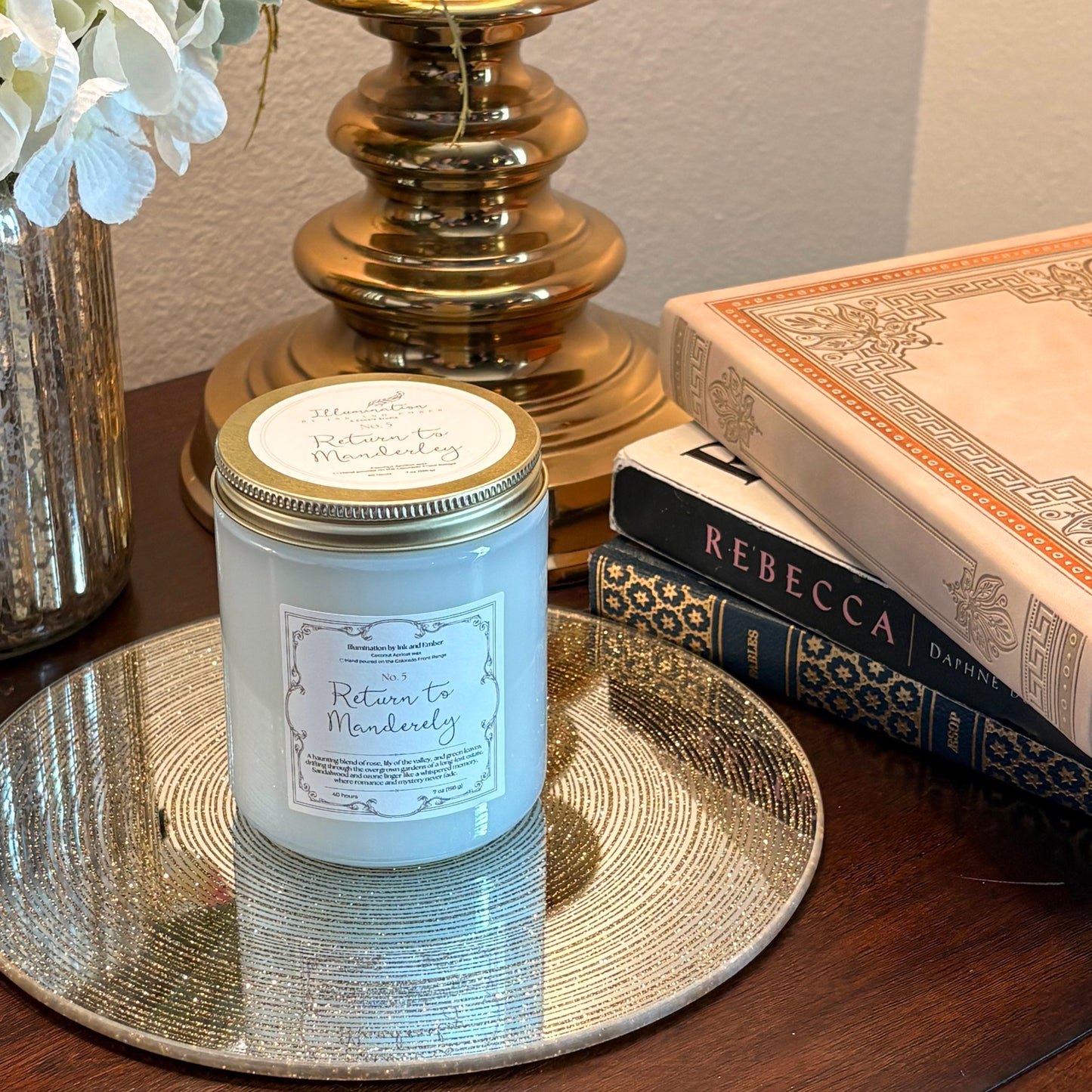 Return to Manderley scented candle styled with Rebecca by Daphne du Maurier, Illumination by Ink and Ember