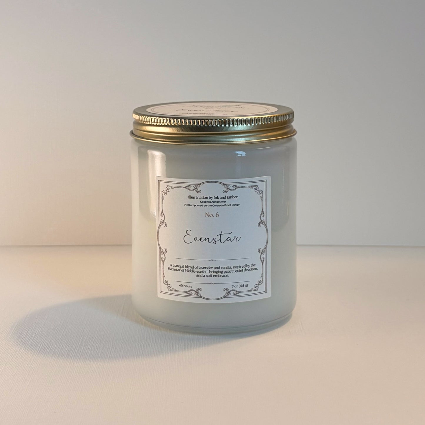 Evenstar No. 6 lavender and vanilla scented candle by Illumination by Ink and Ember, 7oz coconut apricot wax hand poured