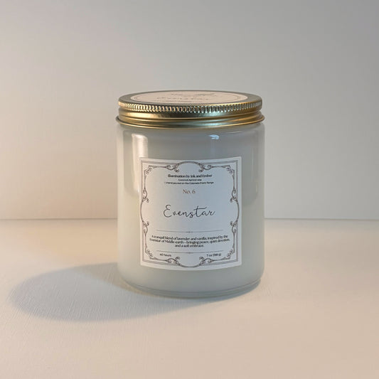 Evenstar No. 6 lavender and vanilla scented candle by Illumination by Ink and Ember, 7oz coconut apricot wax hand poured