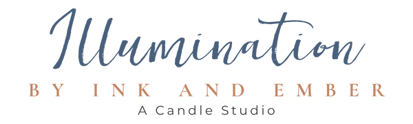 Logo of 'Illumination by Ink and Ember' with a candle studio theme.