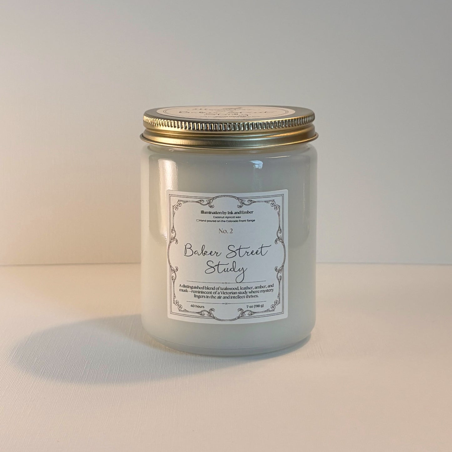 aker Street Study No. 2 teakwood, leather and amber scented candle by Illumination by Ink and Ember, 7oz coconut apricot wax hand poured