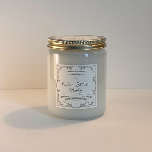 aker Street Study No. 2 teakwood, leather and amber scented candle by Illumination by Ink and Ember, 7oz coconut apricot wax hand poured