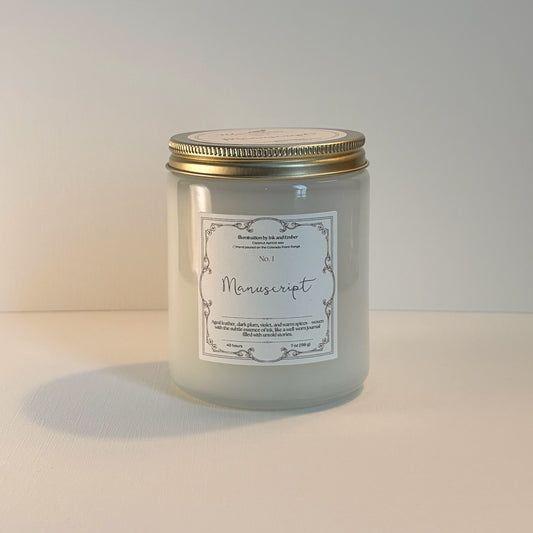 Manuscript No. 1 scented candle by Illumination by Ink and Ember, aged leather, dark plum, violet and warm spice fragrance, 7oz coconut apricot wax hand poured