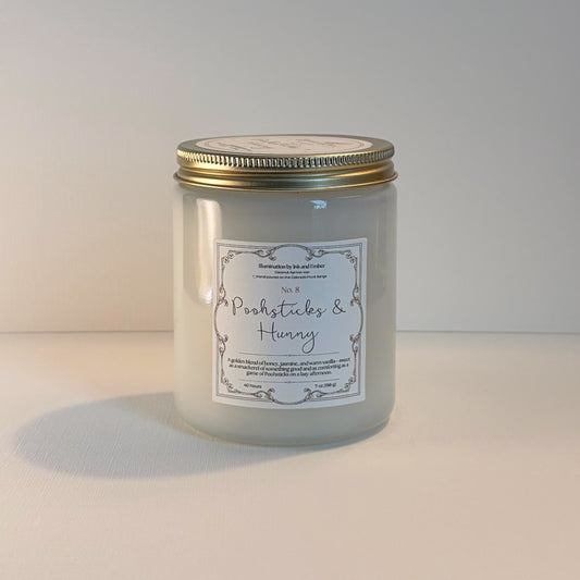 Poohsticks and Hunny No. 8 honey, jasmine and warm vanilla scented candle by Illumination by Ink and Ember, 7oz coconut apricot wax hand poured